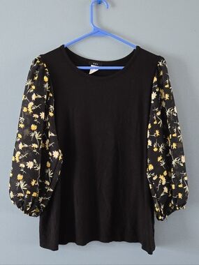 Floral Sheer Sleeved Black Top Medium